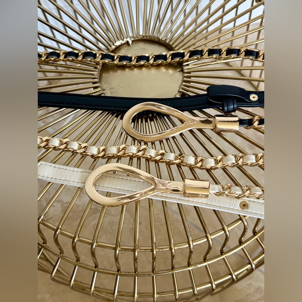Gold Chain Belt Set Black & White Leather Weave 30” 33” Bundle
